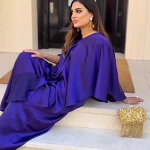 H&M Satin Maxi Dress in Deep Purple with Gold Clutch Accent
